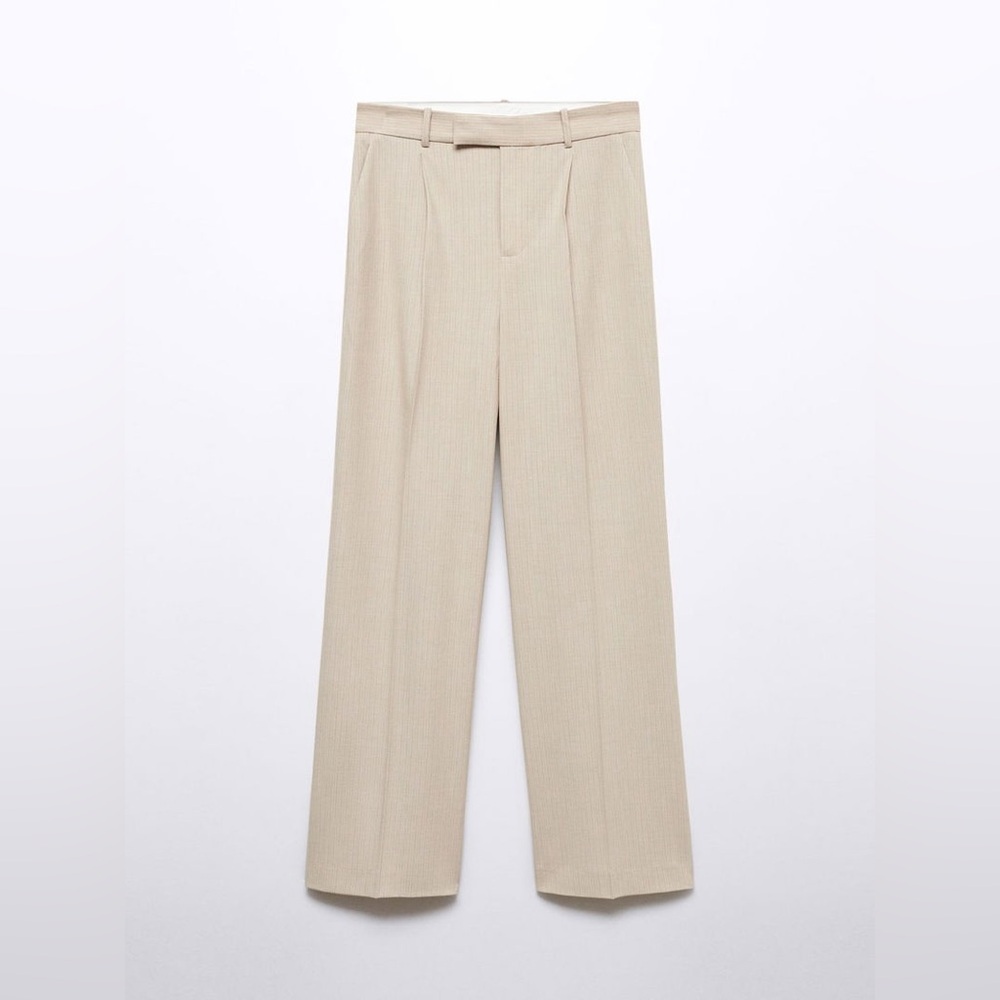 NEW Mango Striped Trousers-Size 12-Beige with Light Blue Stripe